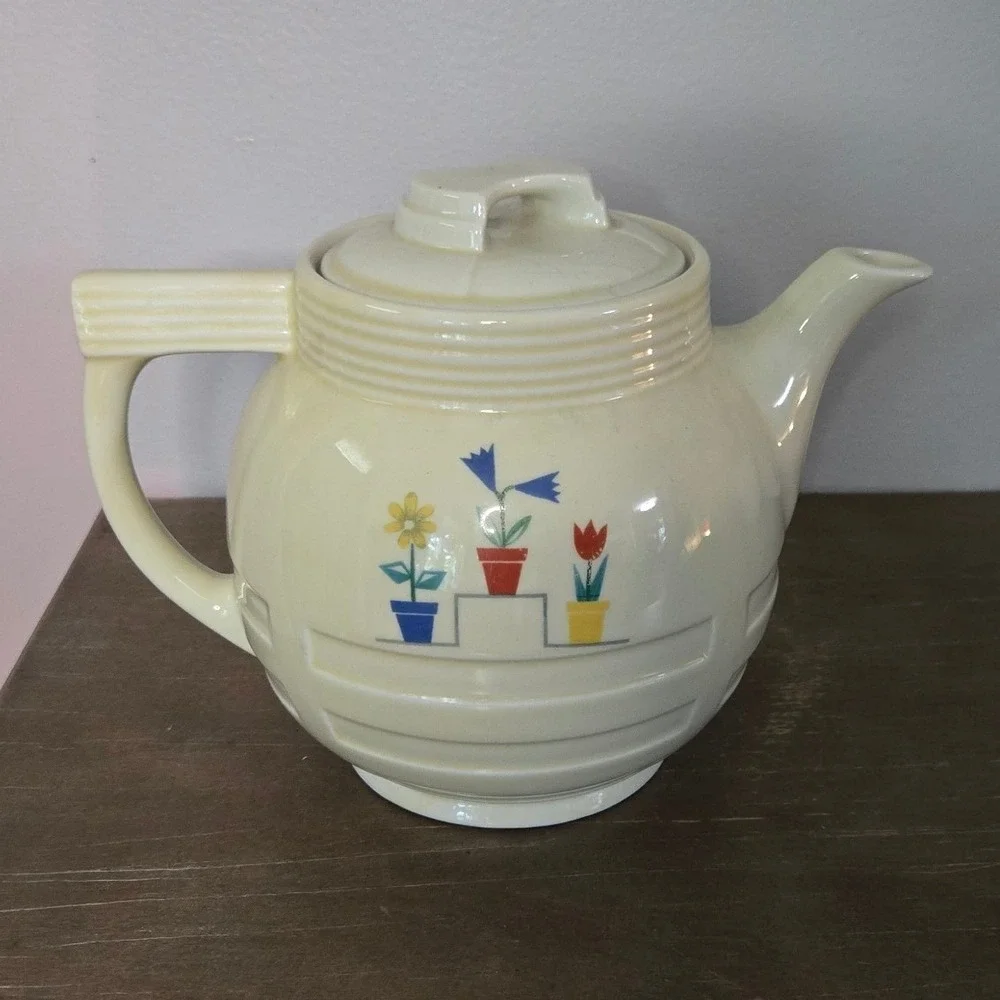 Vintage Enterprise Aluminum Co Drip-O-Lator Teapot Art Deco Floral‎ ⁹Ceramic